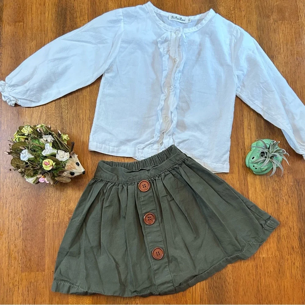 Olive Green Button Skirt & White Ruffle Top Outfit | Girls Size 80(12-18 Months)